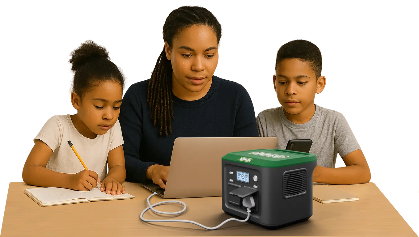 Photo of a family using a bPOWERd battery to power a laptop