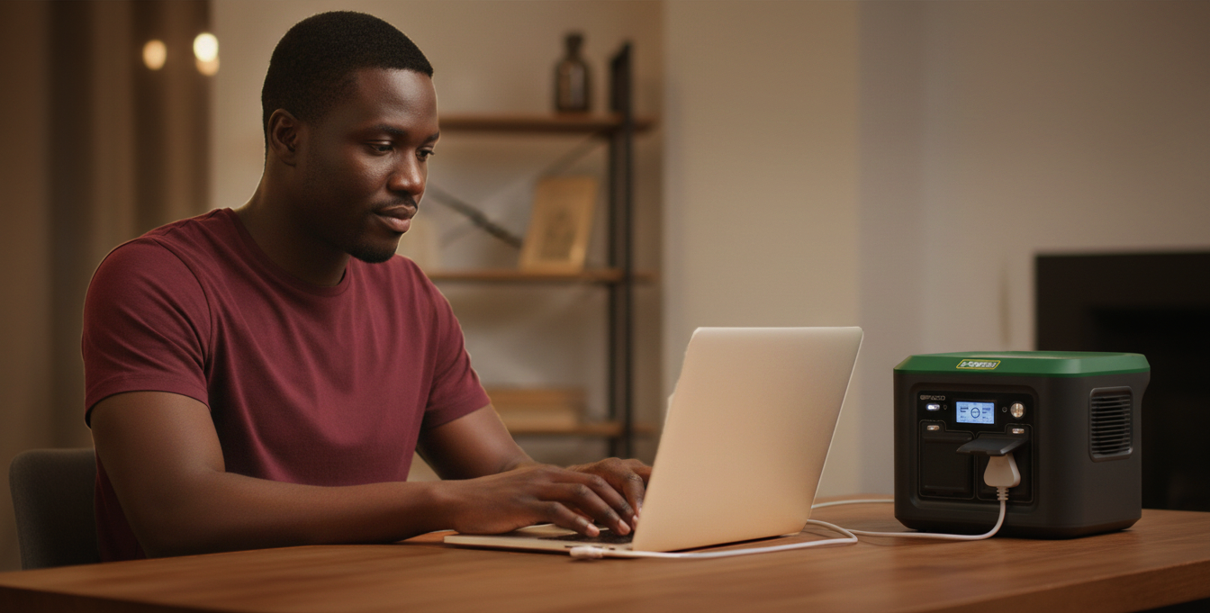 Photo of a family using a bPOWERd battery to power a laptop